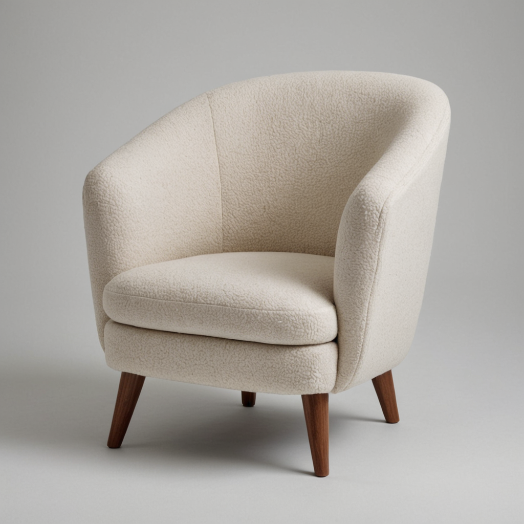 A cream boucle barrel chair photographed three-quarter view on a plain grey backdrop