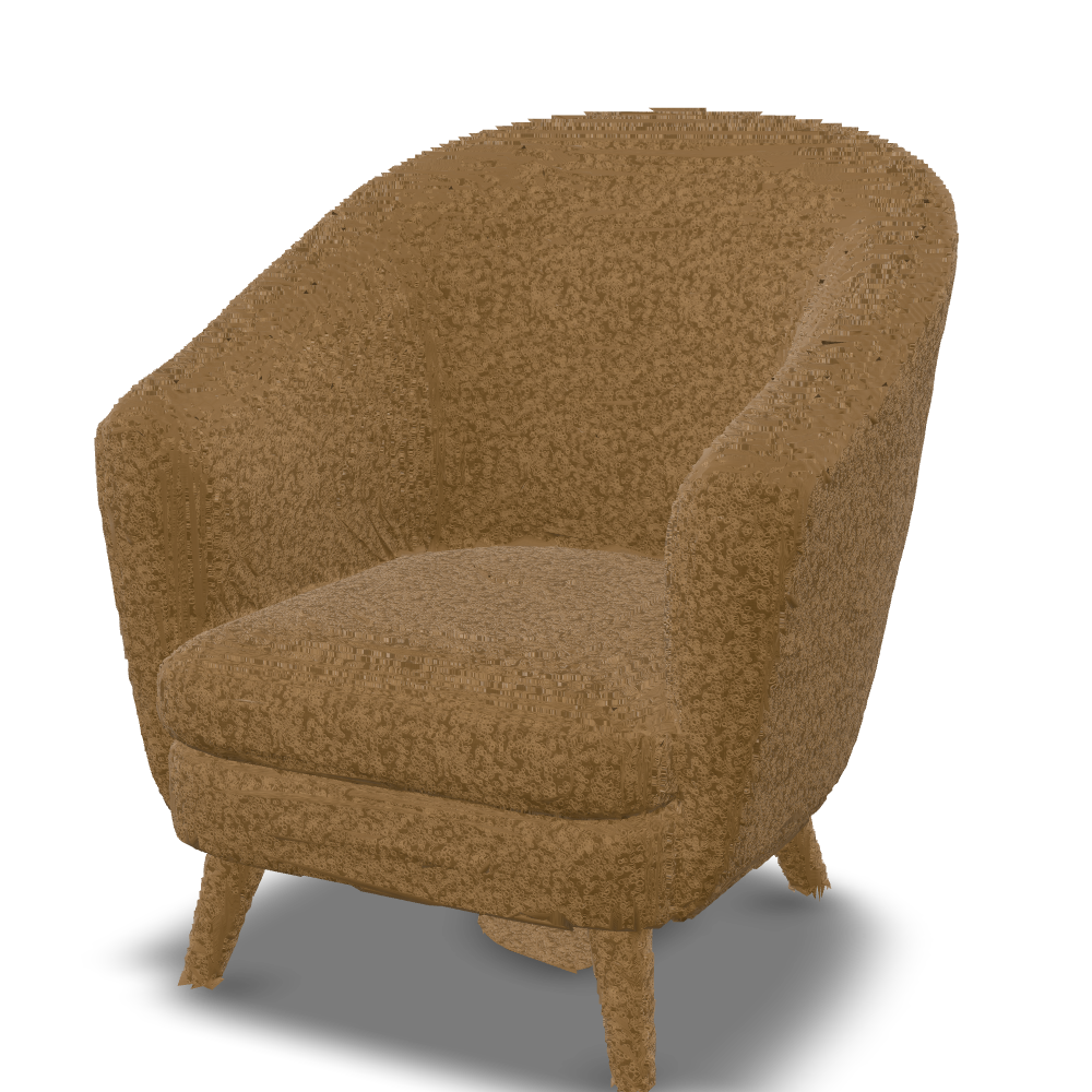 The finished chair asset, upholstered in camel boucle, floor slab removed