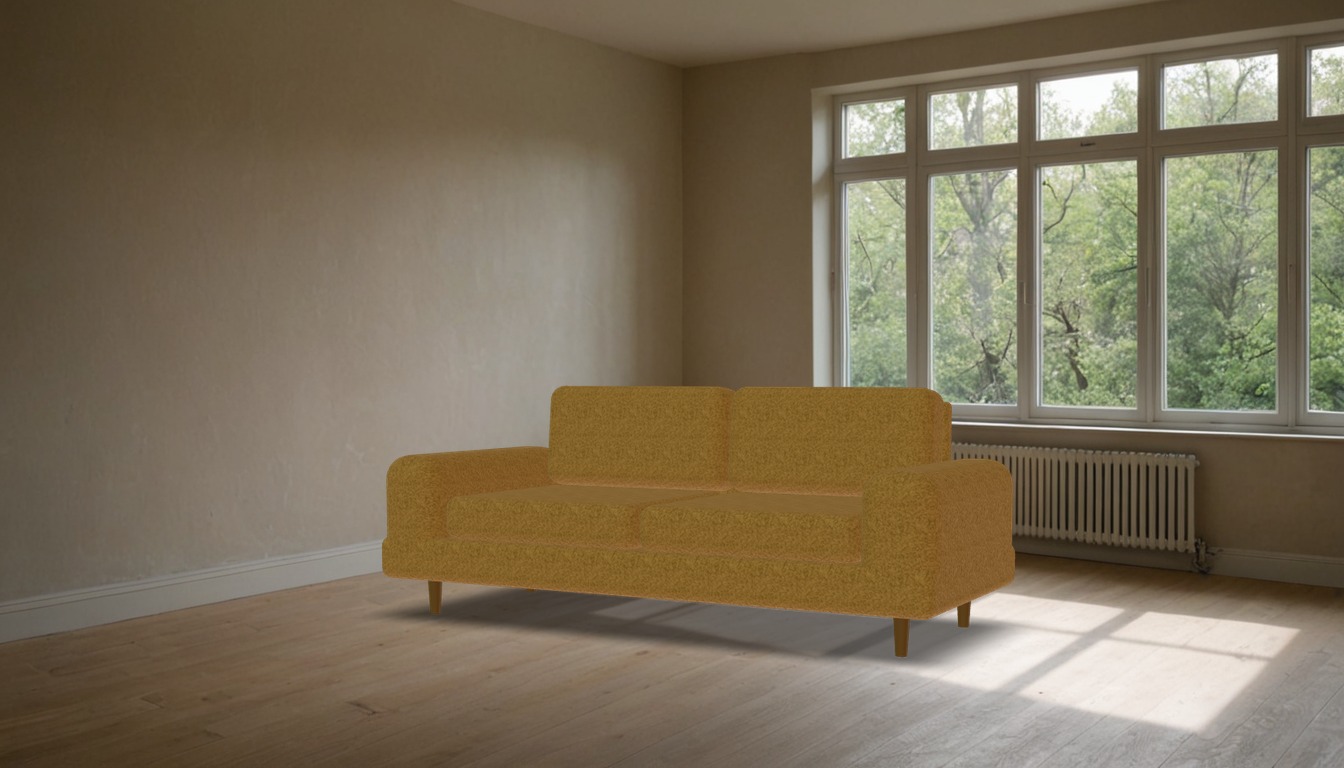 The same composite with the piece lit by the generated room image