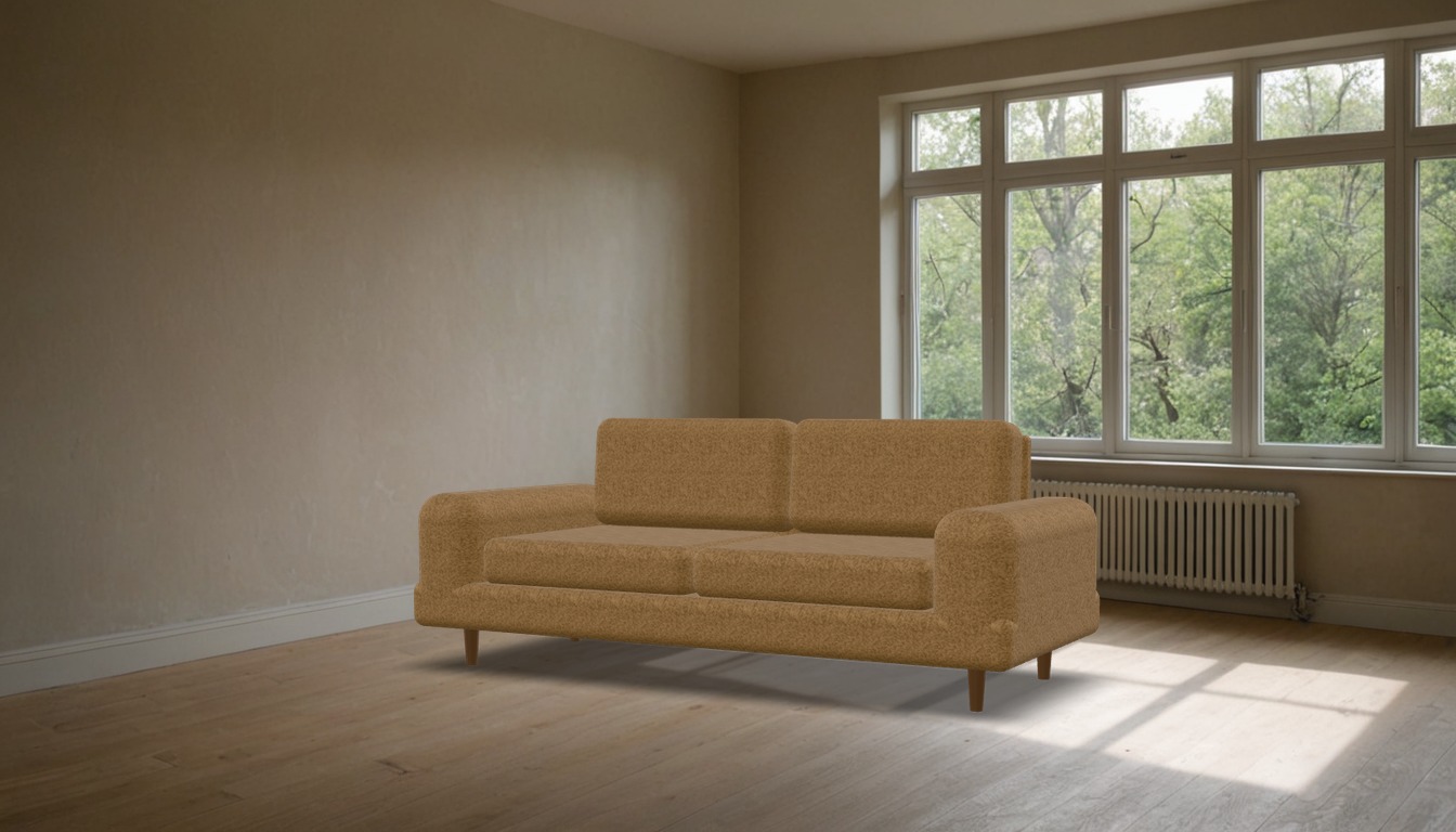 The sofa composited into a generated room, lit by a neutral studio probe