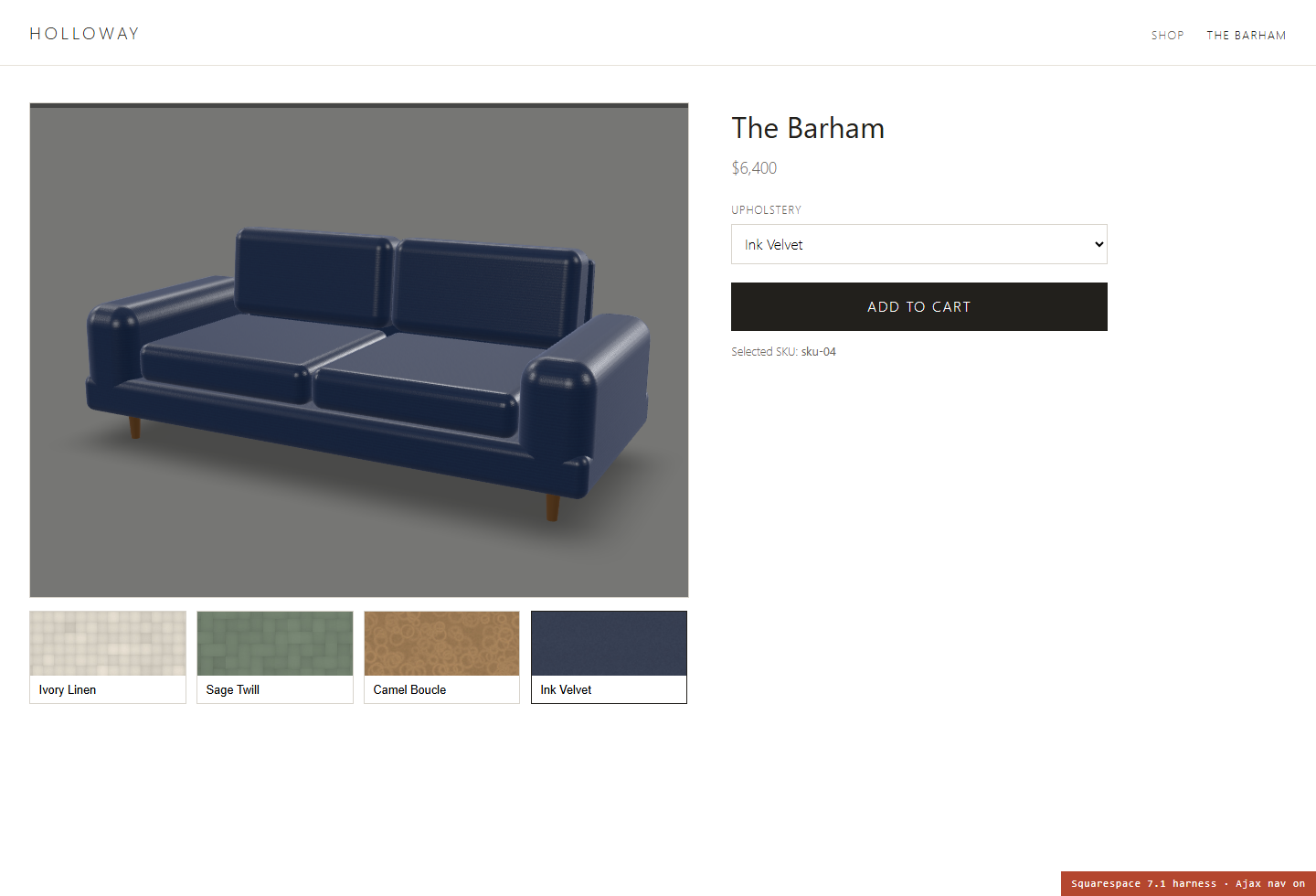 A Squarespace-style product page with the 3D viewer in place of the gallery and the variant select still present