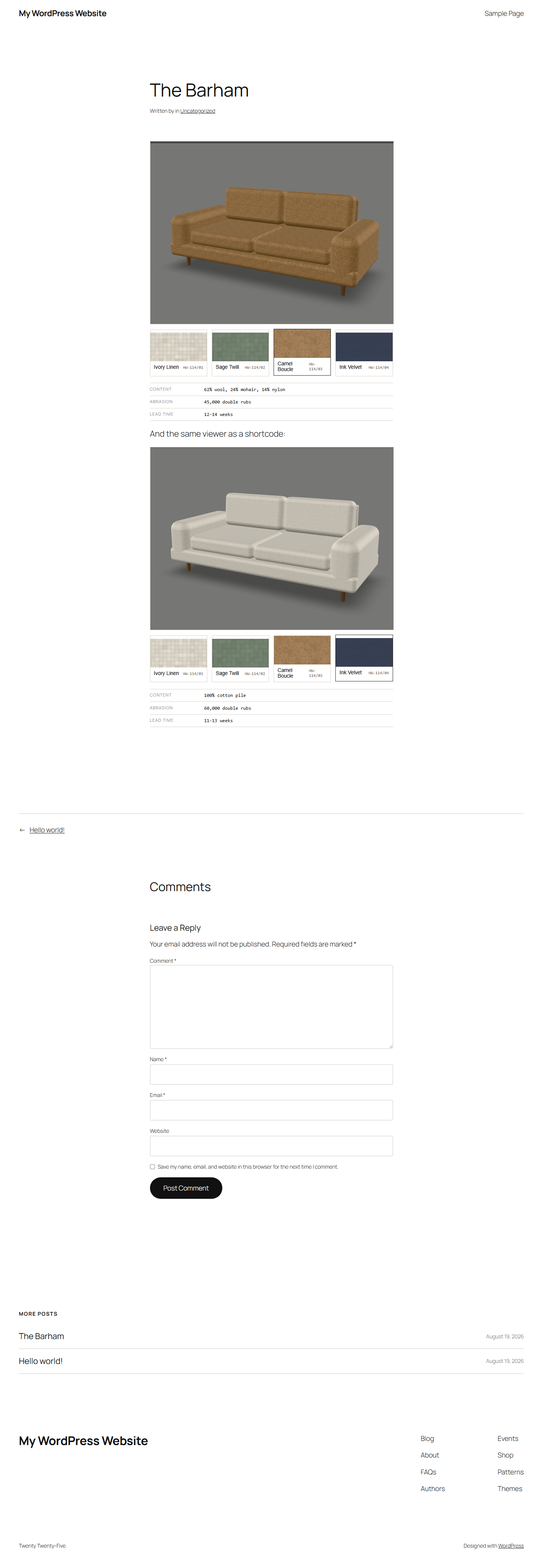 A WordPress post showing the block and the shortcode, each with its own fabric selected